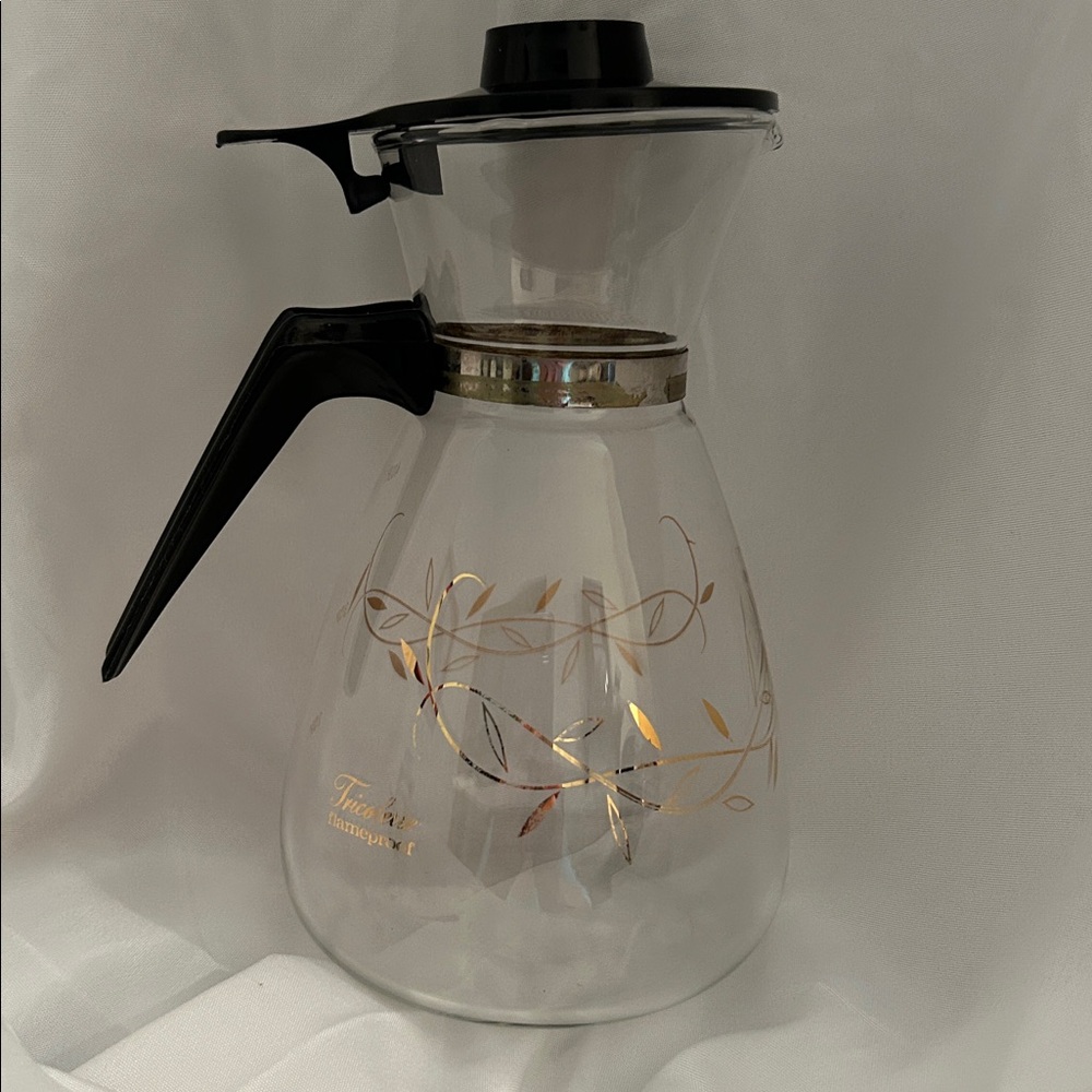 Vintage Coffee Carafe with Gold Vine Accents, Handle + Lid